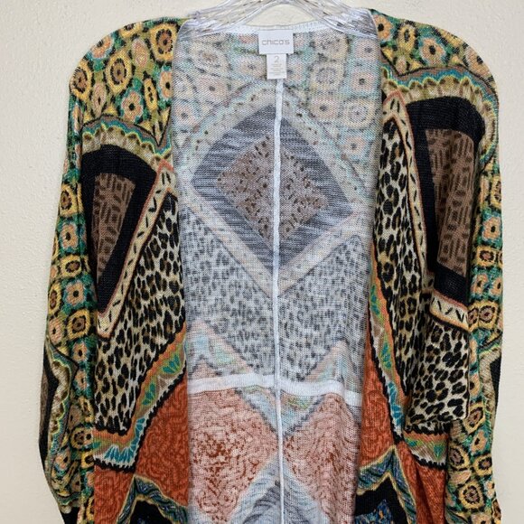 Chicos Womens 2 Large 3/4 Sleeve Cardigan Sweater Open Peacock Print Boho Rayon - Picture 4 of 15